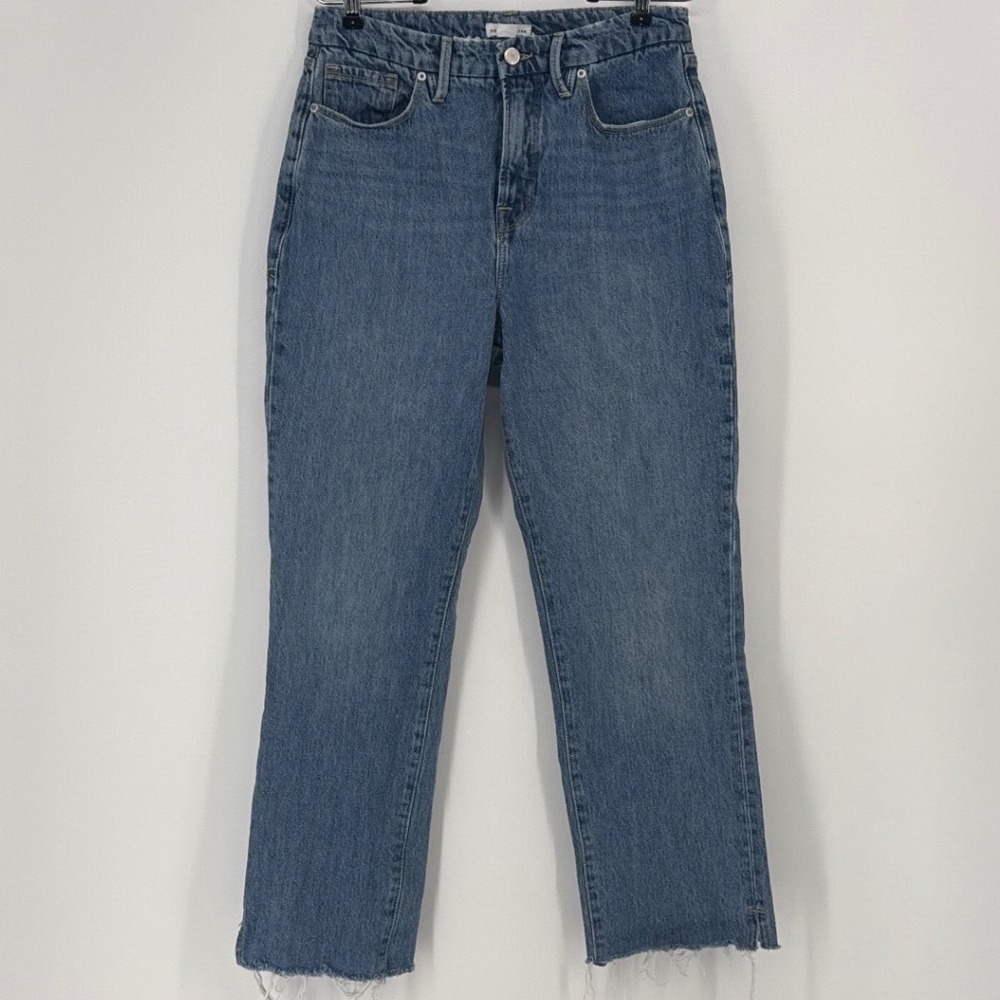 Good American Women 6/28 Blue High Rise Straight Leg Raw Hem Jeans